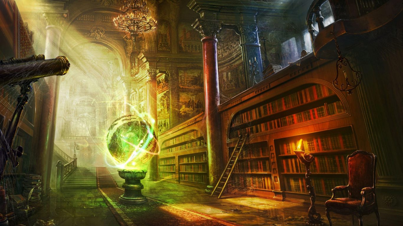 Обои БИБЛИОТЕКА, магия, фэнтези, компьютерная игра, свет в разрешении 1366x768