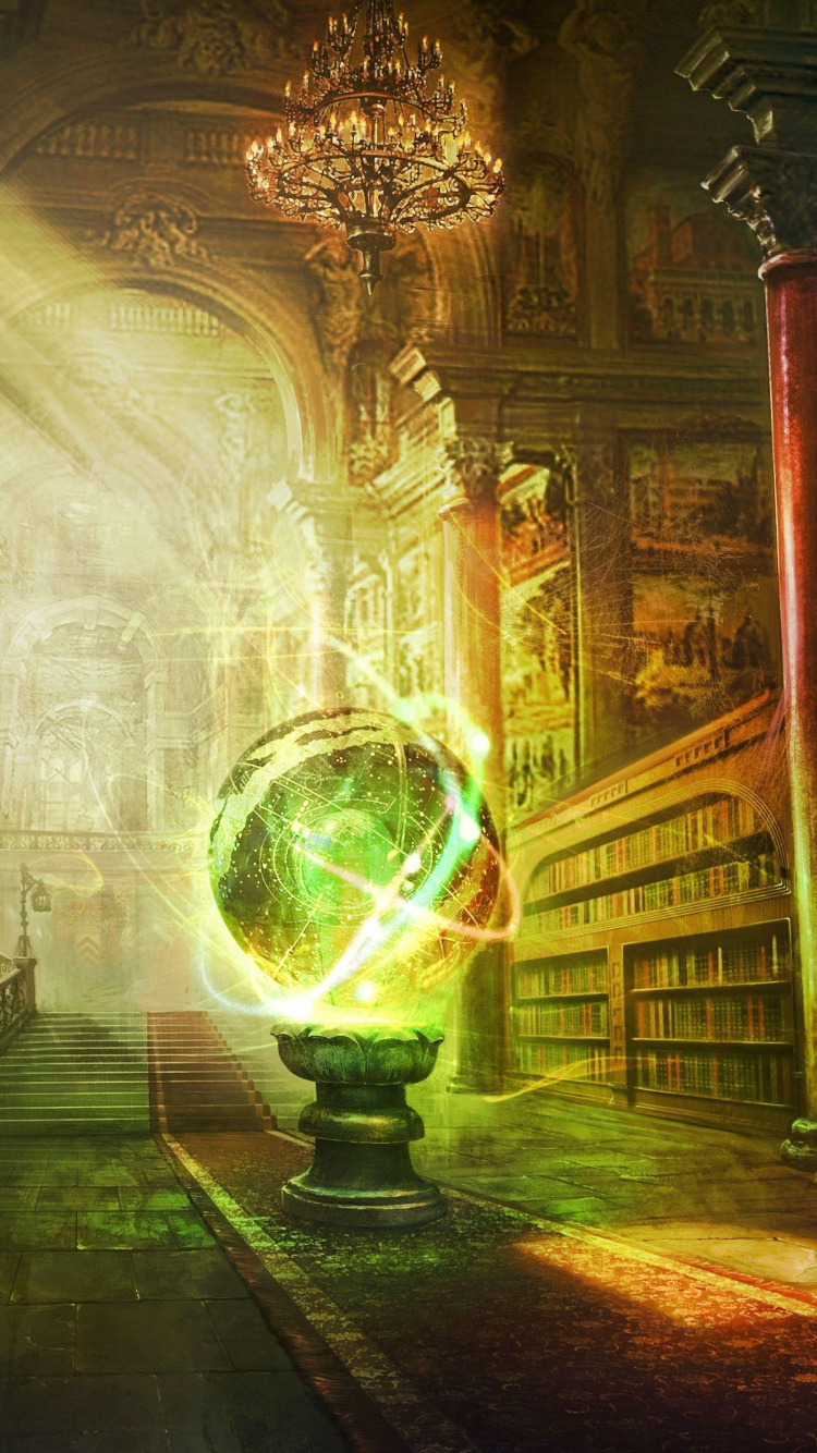 Обои БИБЛИОТЕКА, магия, фэнтези, компьютерная игра, свет в разрешении 750x1334