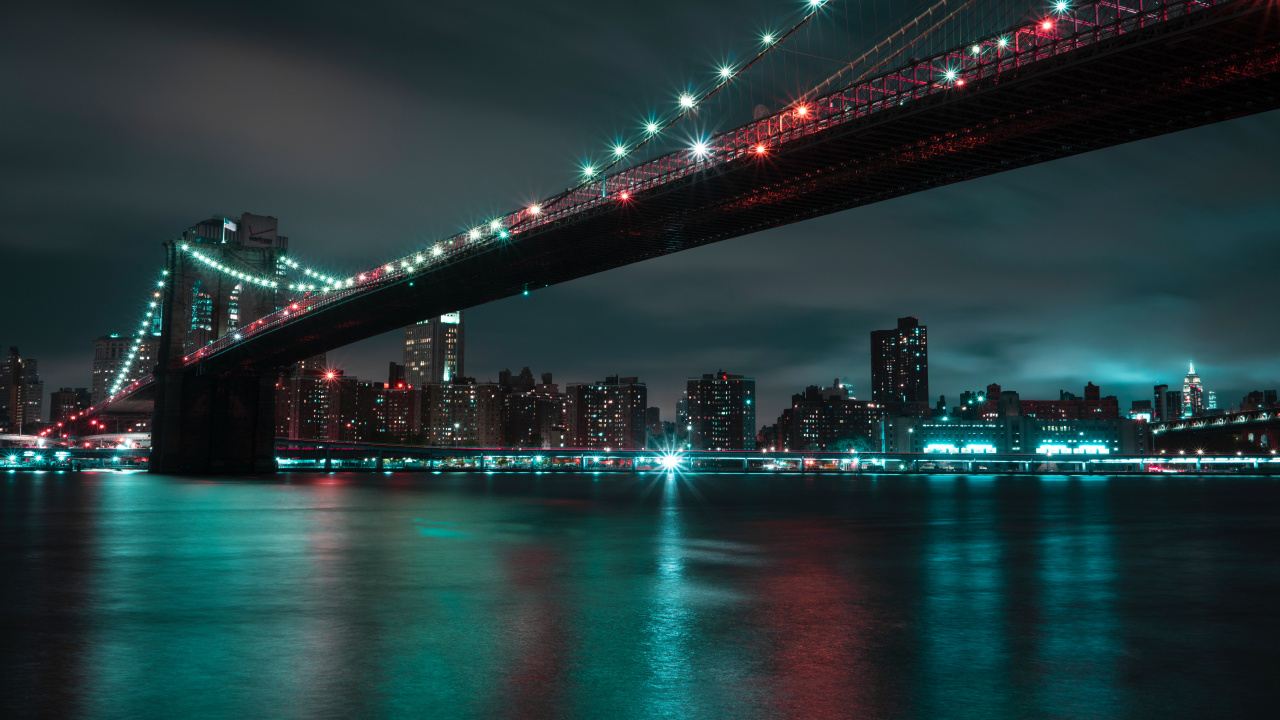 Обои Бруклинский мост, ночь, городской пейзаж, город, мост в разрешении 1280x720