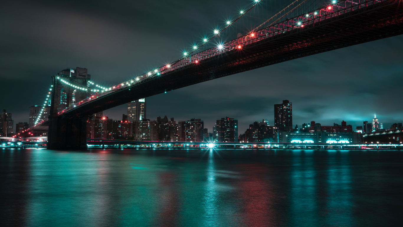 Обои Бруклинский мост, ночь, городской пейзаж, город, мост в разрешении 1366x768