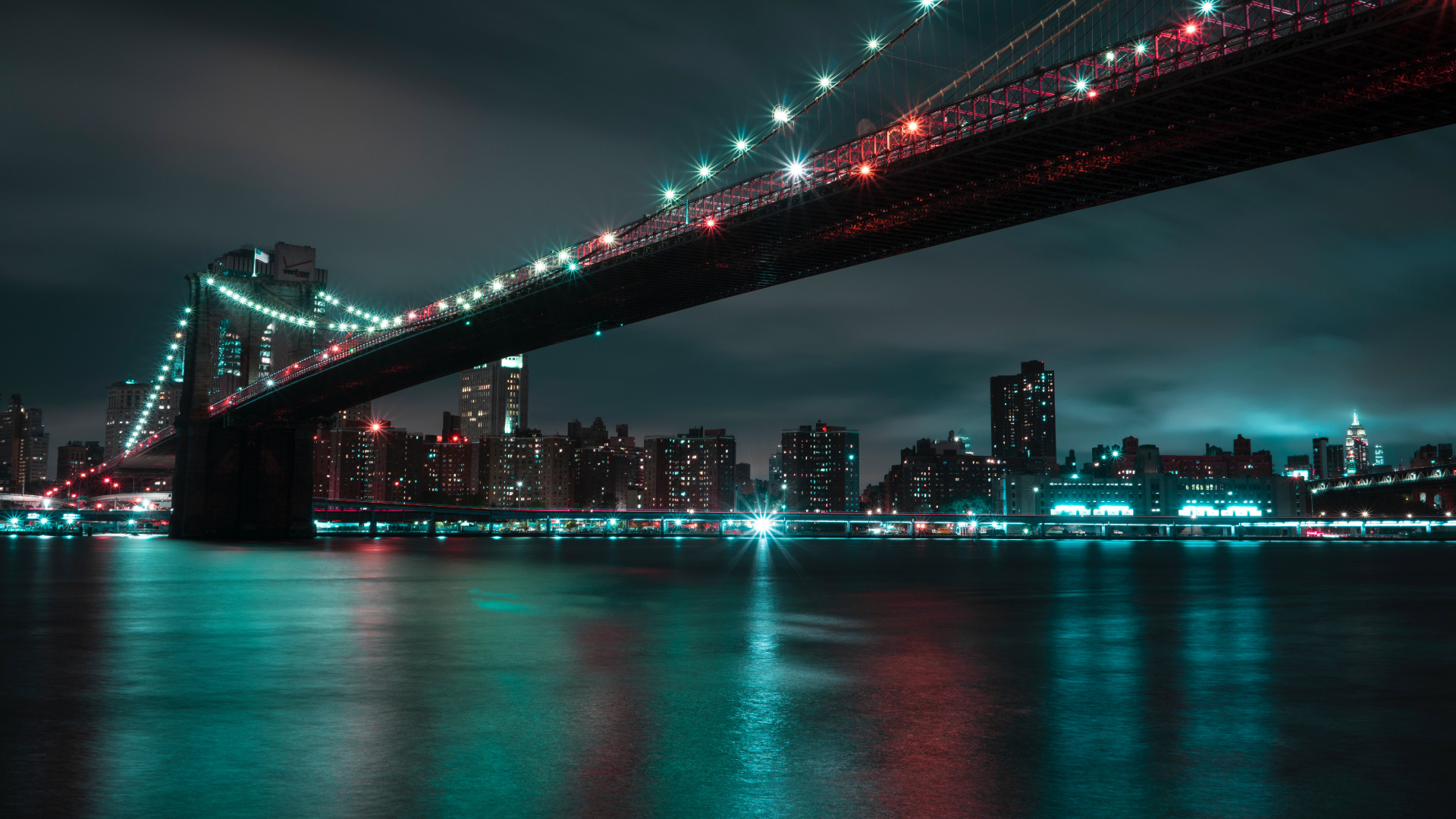 Обои Бруклинский мост, ночь, городской пейзаж, город, мост в разрешении 1920x1080