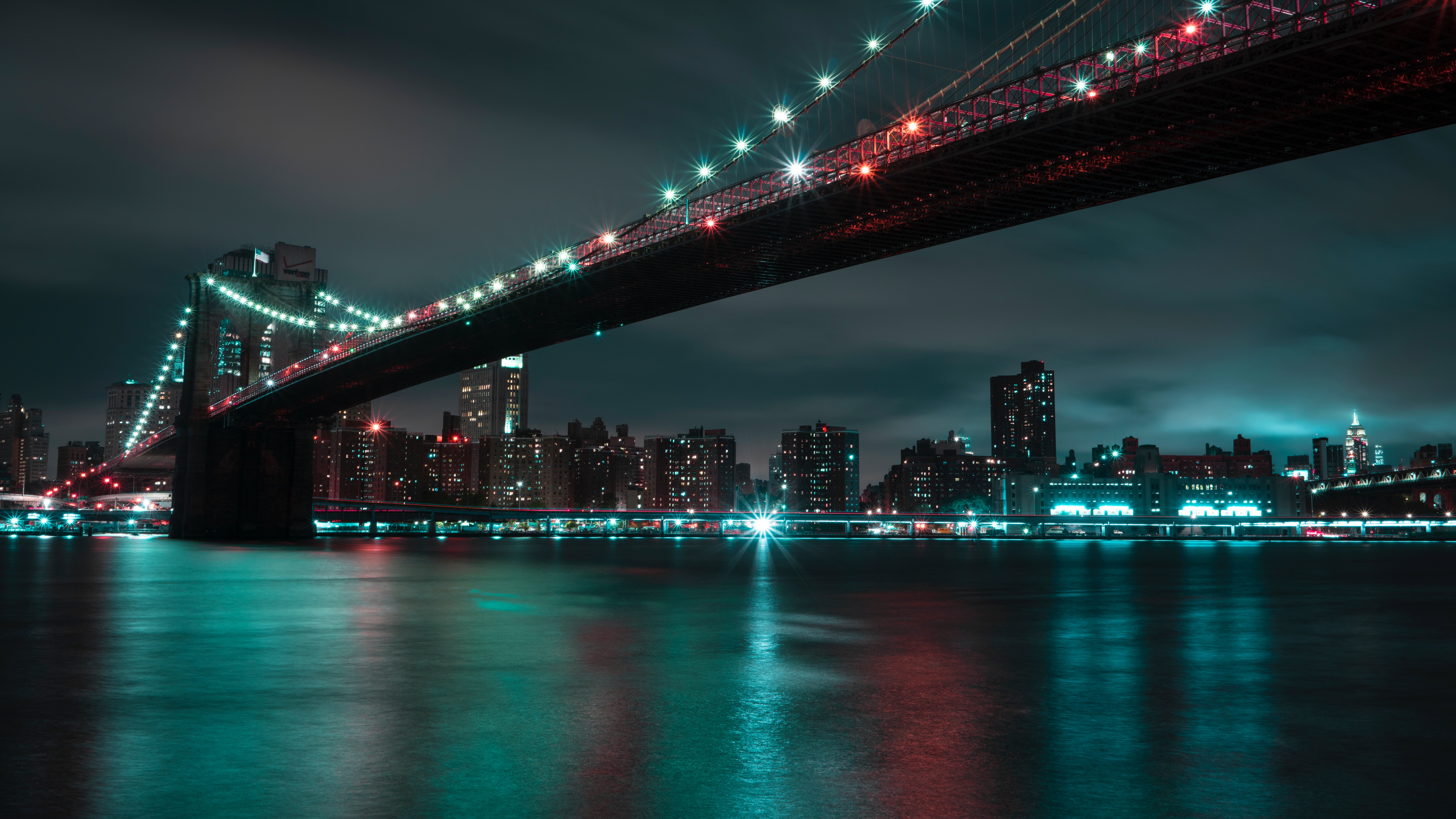 Обои Бруклинский мост, ночь, городской пейзаж, город, мост в разрешении 7680x4320