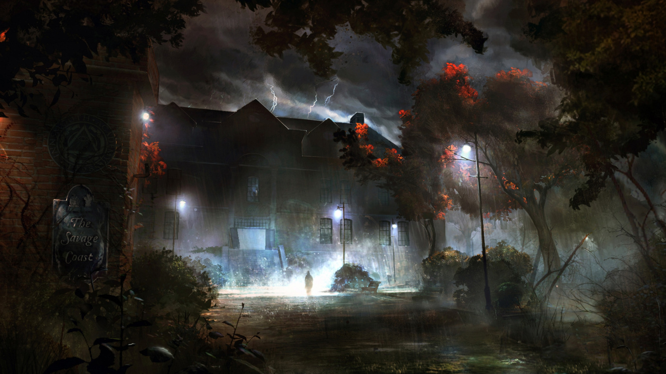 Обои ночь, дождь, буря, готика, дым в разрешении 1366x768