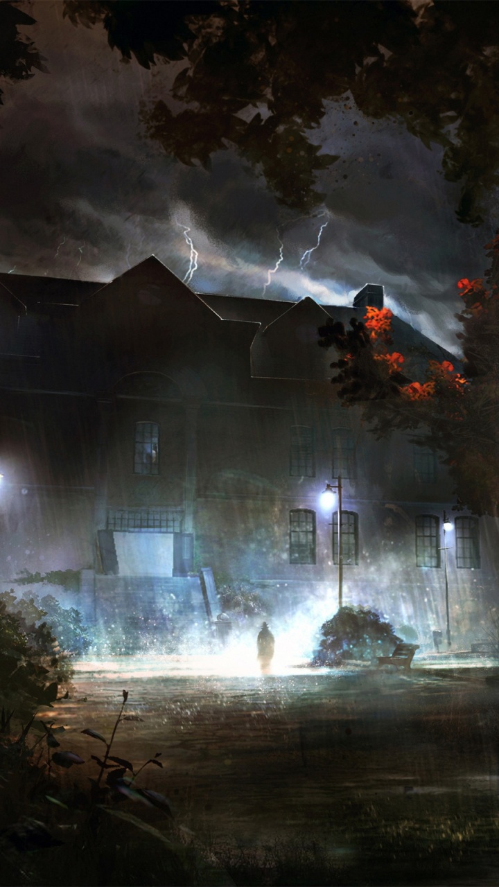 Обои ночь, дождь, буря, готика, дым в разрешении 720x1280