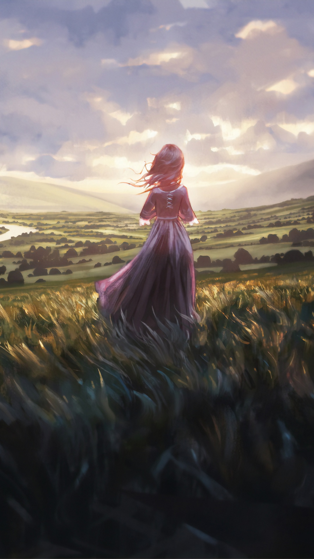 Обои арт, природа, природный ландшафт, живопись, сенокосное угодье в разрешении 1080x1920