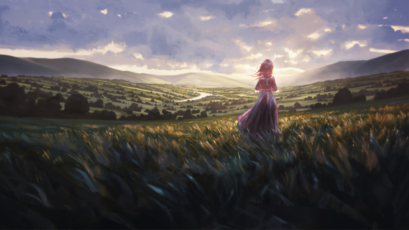 Обои арт, природа, природный ландшафт, живопись, сенокосное угодье в разрешении 1366x768