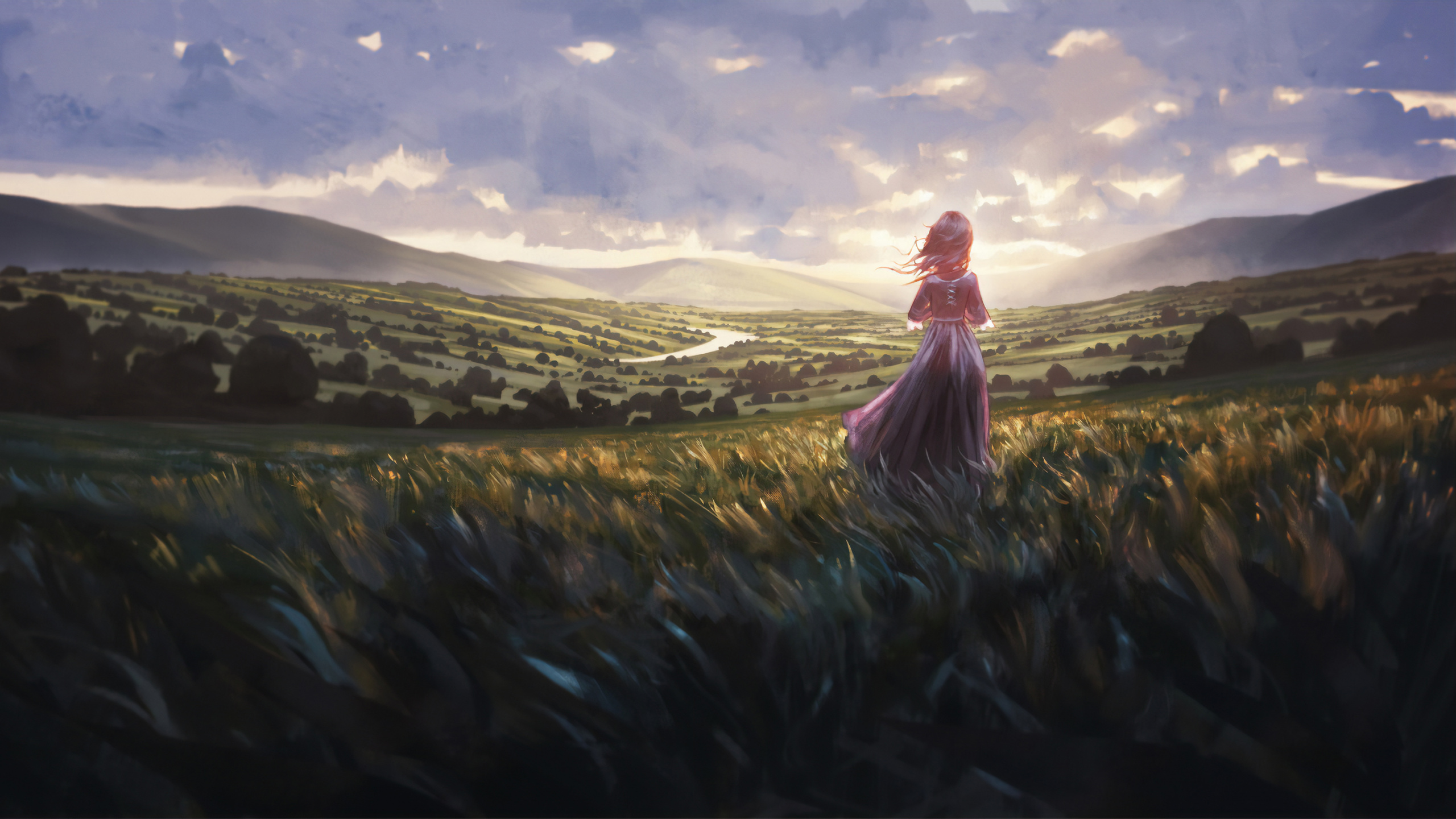 Обои арт, природа, природный ландшафт, живопись, сенокосное угодье в разрешении 2560x1440