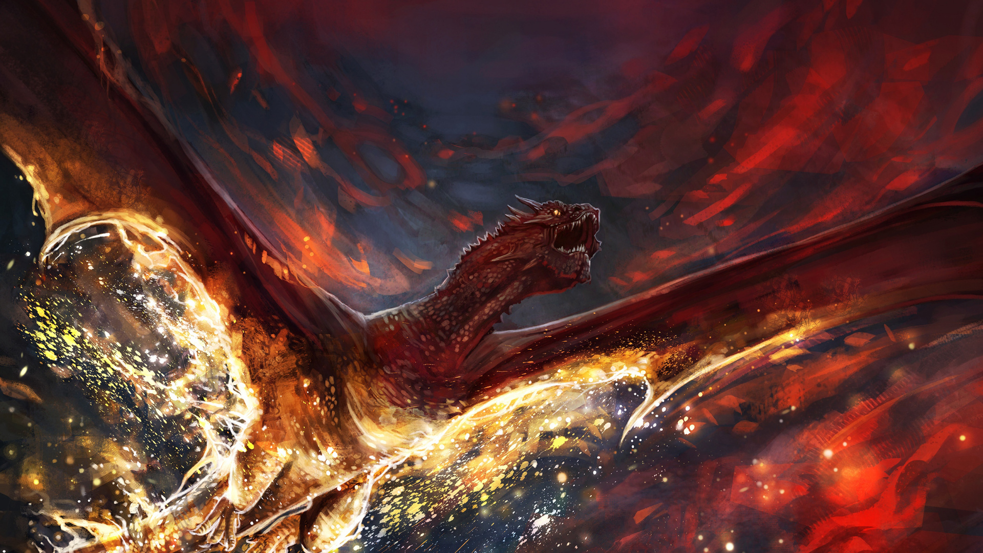Обои дракон, цифровое искусство, арт, космос, пламя в разрешении 1920x1080