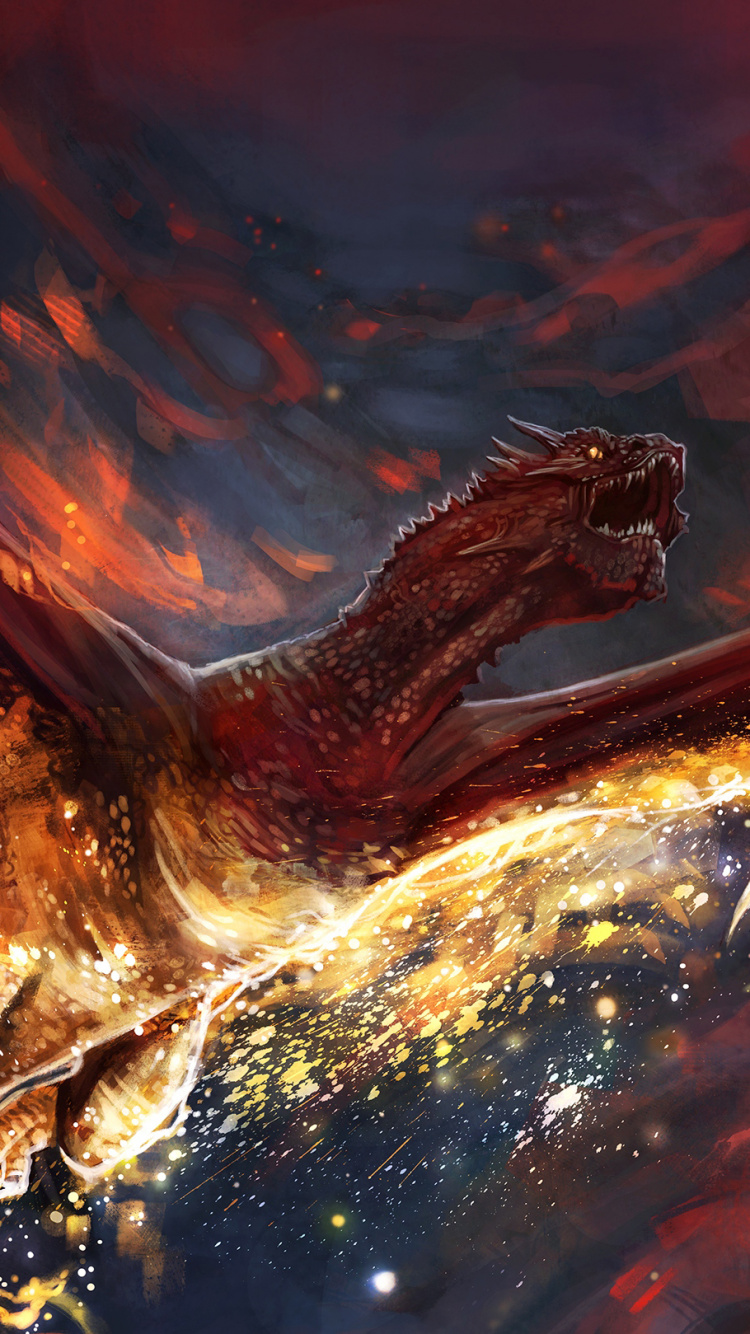 Обои дракон, цифровое искусство, арт, космос, пламя в разрешении 750x1334