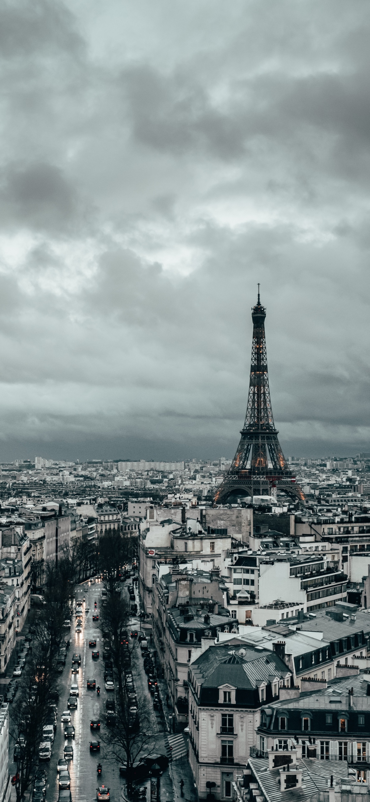 Обои Триумфальная арка, Эйфелева башня, Cathdrale Нотр-Дам-де-Пари, вышка, облако в разрешении 1242x2688