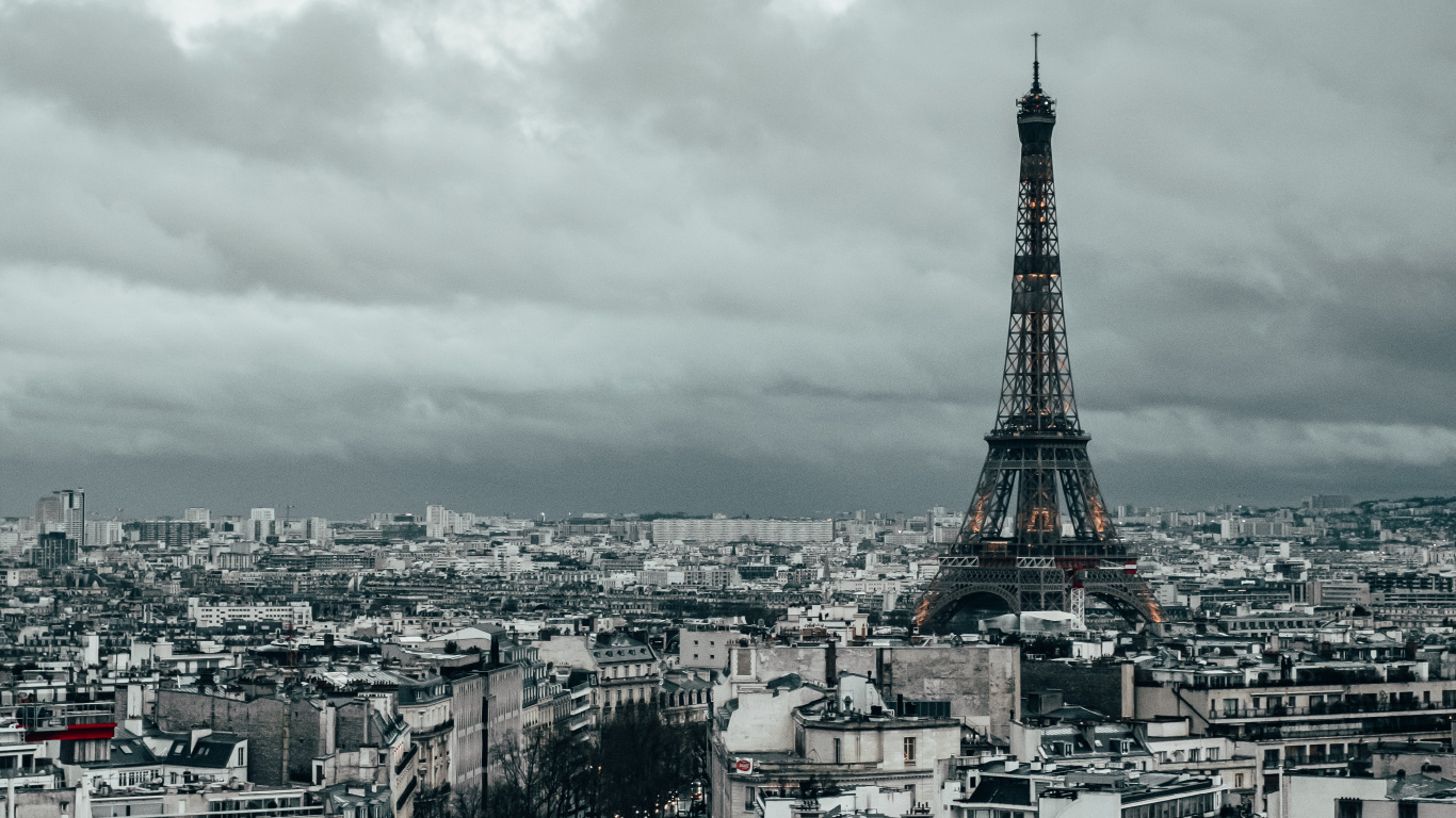 Обои Триумфальная арка, Эйфелева башня, Cathdrale Нотр-Дам-де-Пари, вышка, облако в разрешении 1366x768