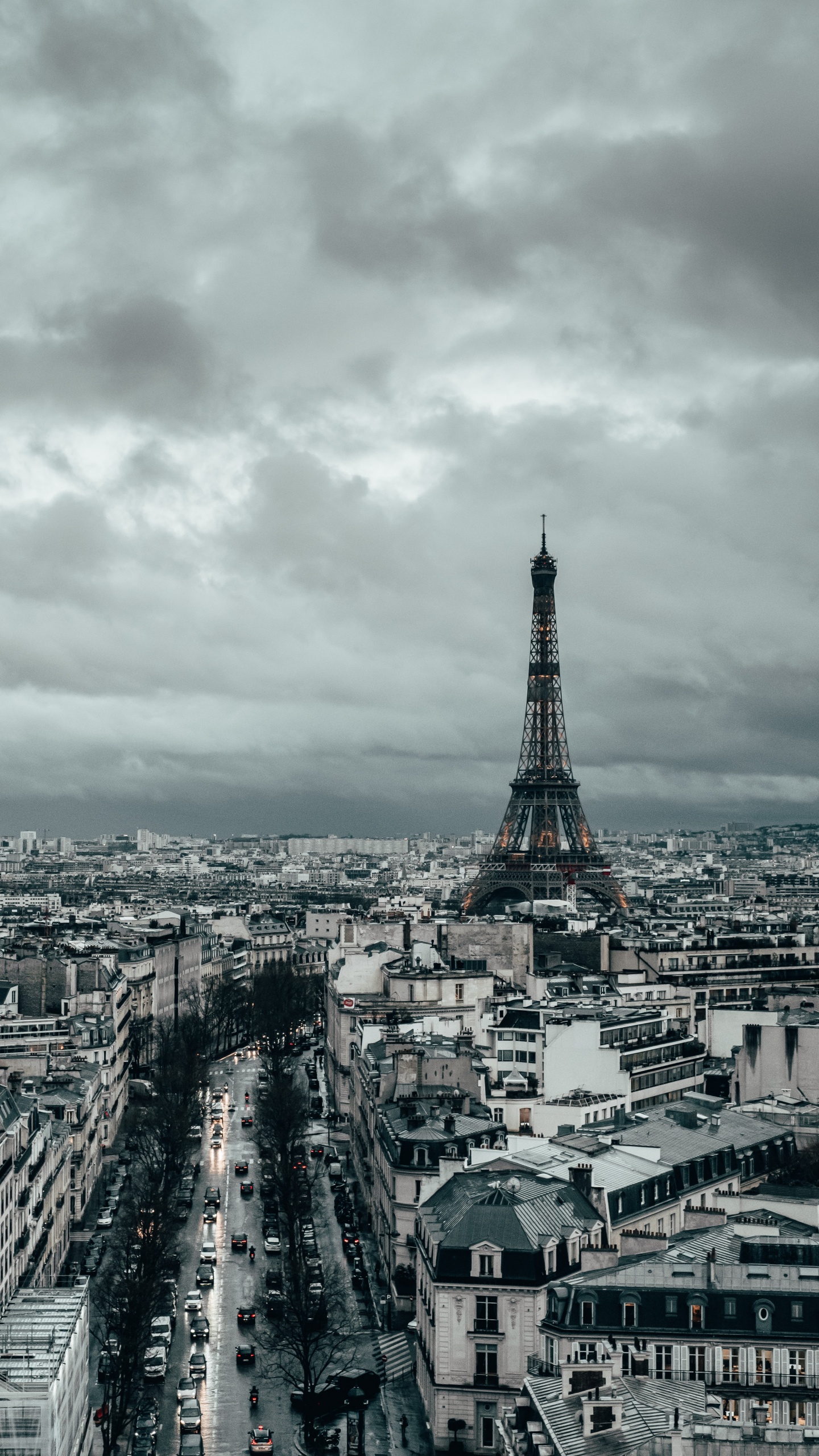 Обои Триумфальная арка, Эйфелева башня, Cathdrale Нотр-Дам-де-Пари, вышка, облако в разрешении 1440x2560