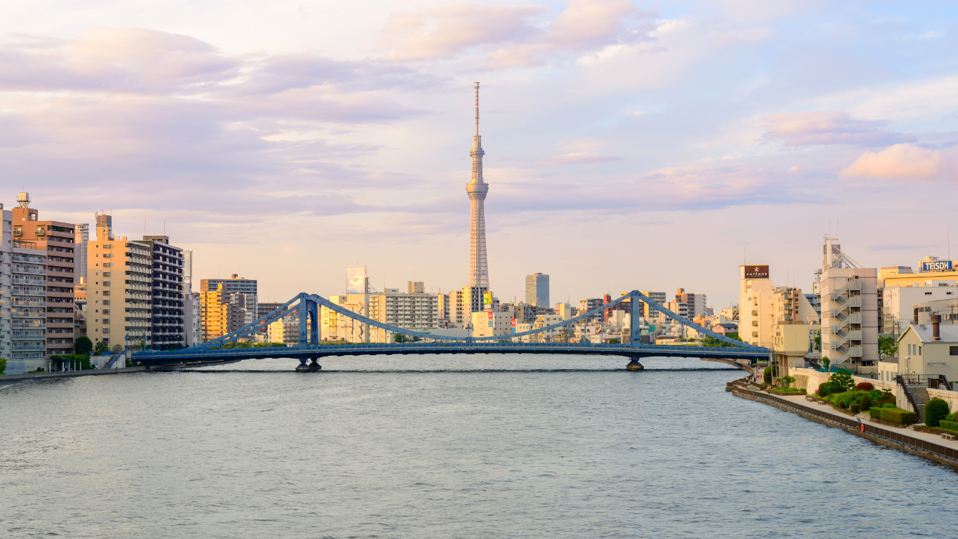 Обои Токио Skytree, токийская башня, город, линия горизонта, городской пейзаж в разрешении 1366x768