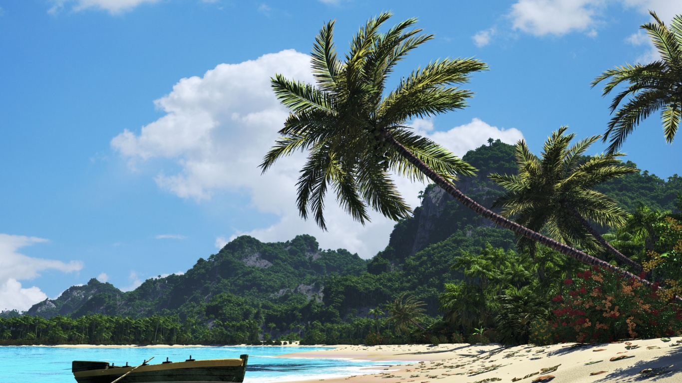 Обои тропическая зона, дерево, Пальма, пляж, берег в разрешении 1366x768