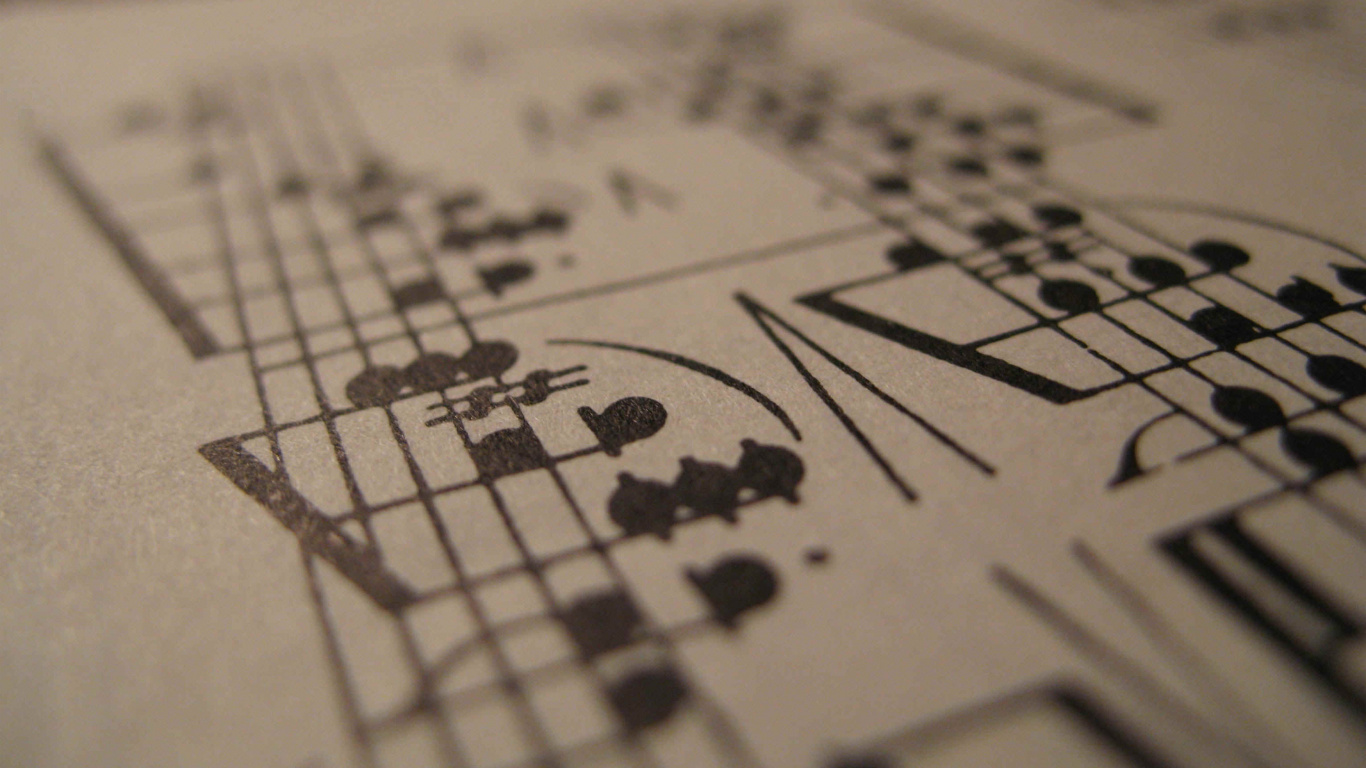 Обои ноты, музыкальная нота, текст, музыка, дизайн в разрешении 1366x768