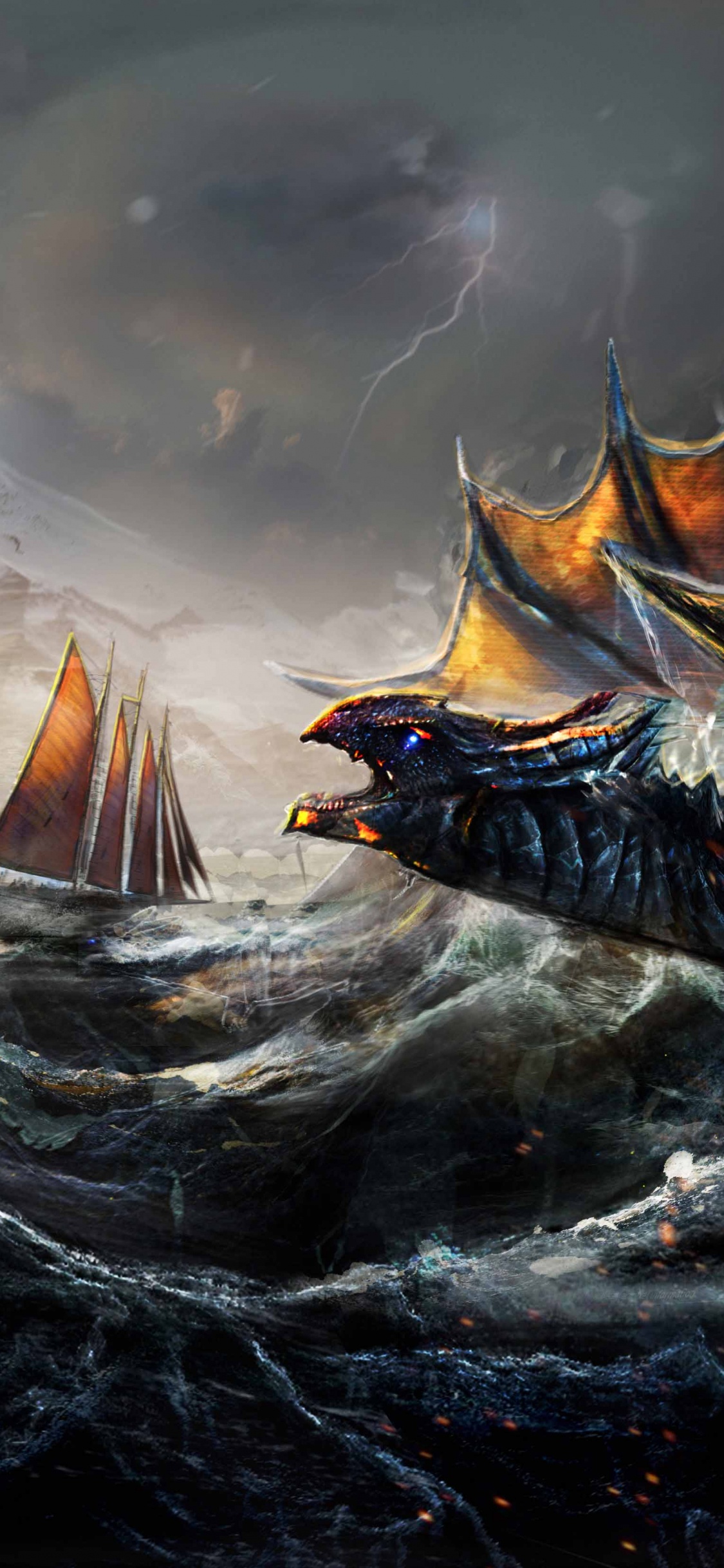 Обои корабль бой, корабль, дракон, арт, стратегии видео игры в разрешении 1125x2436