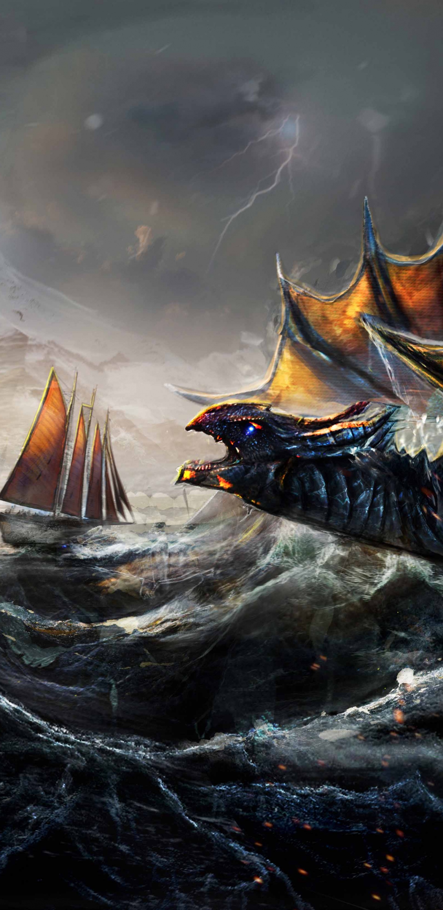 Обои корабль бой, корабль, дракон, арт, стратегии видео игры в разрешении 1440x2960