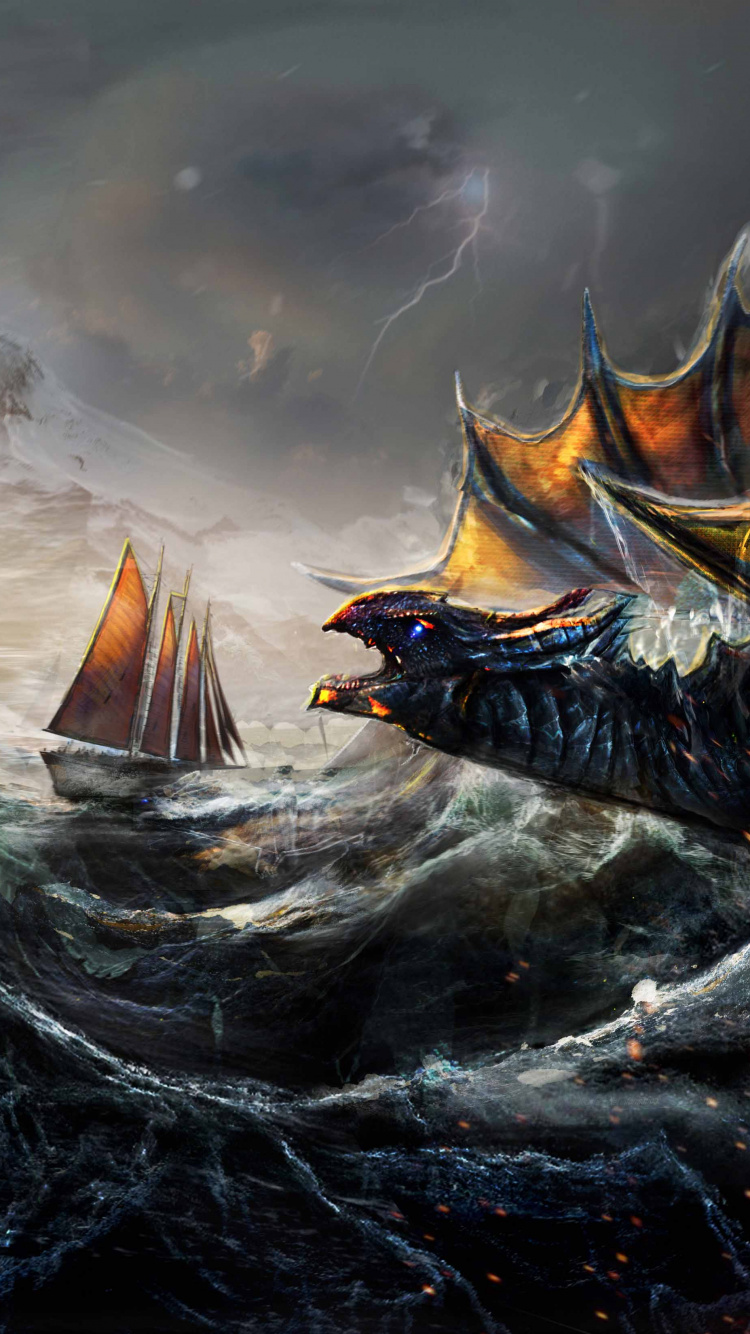 Обои корабль бой, корабль, дракон, арт, стратегии видео игры в разрешении 750x1334