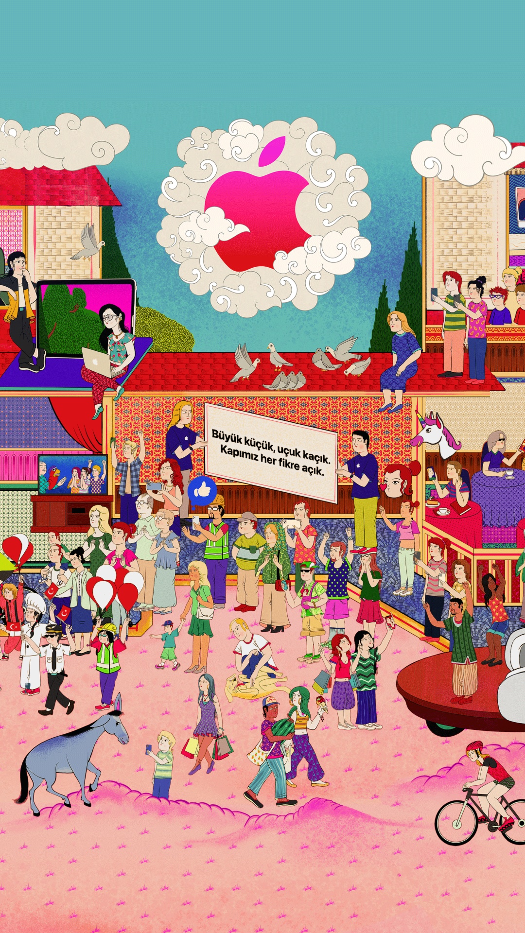 Обои Объявление о магазине Apple Badat, залитый проспект, яблочная улица, яблоко, розовый в разрешении 1080x1920