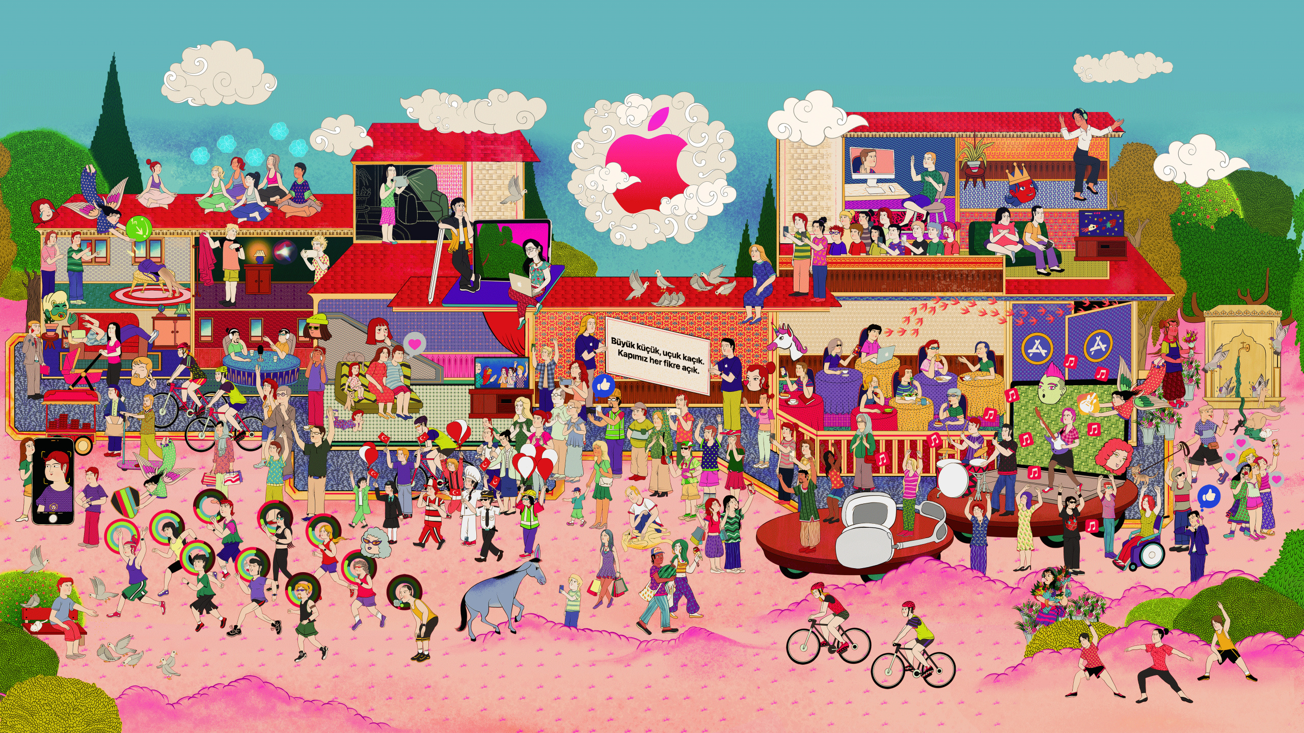 Обои Объявление о магазине Apple Badat, залитый проспект, яблочная улица, яблоко, розовый в разрешении 2560x1440