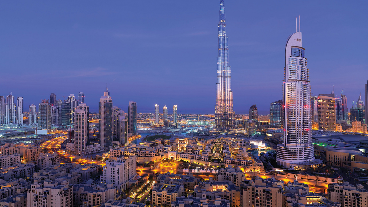 Обои Бурдж Халифа, Фонтан Дубай, город, городской пейзаж, городской район в разрешении 1280x720