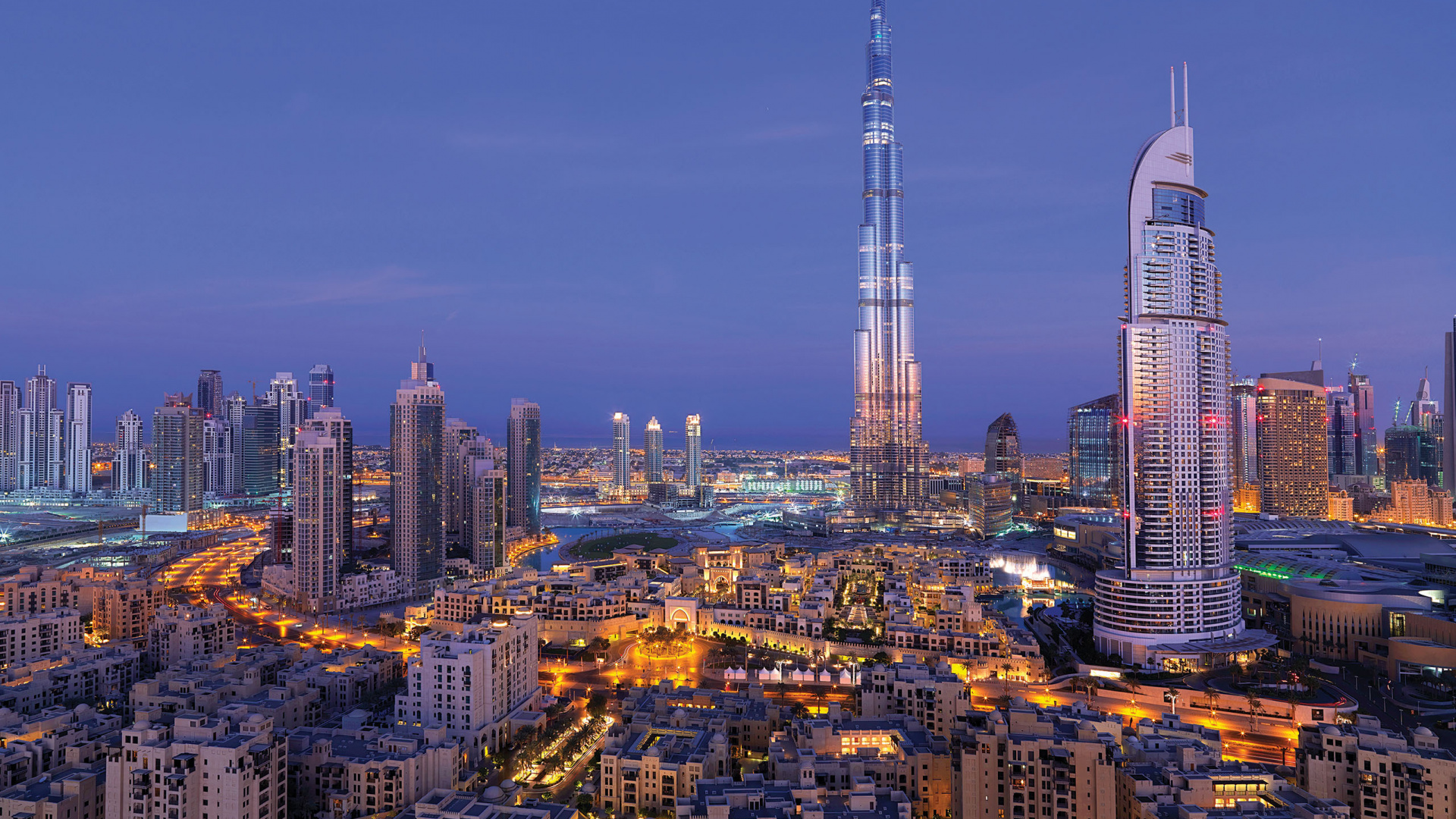 Обои Бурдж Халифа, Фонтан Дубай, город, городской пейзаж, городской район в разрешении 1920x1080