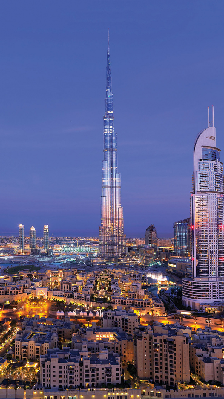 Обои Бурдж Халифа, Фонтан Дубай, город, городской пейзаж, городской район в разрешении 750x1334