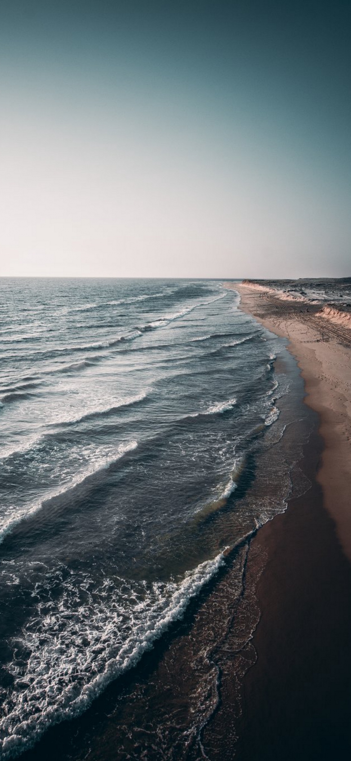 Обои ветровая волна, берег, небо, море, водоем в разрешении 1125x2436