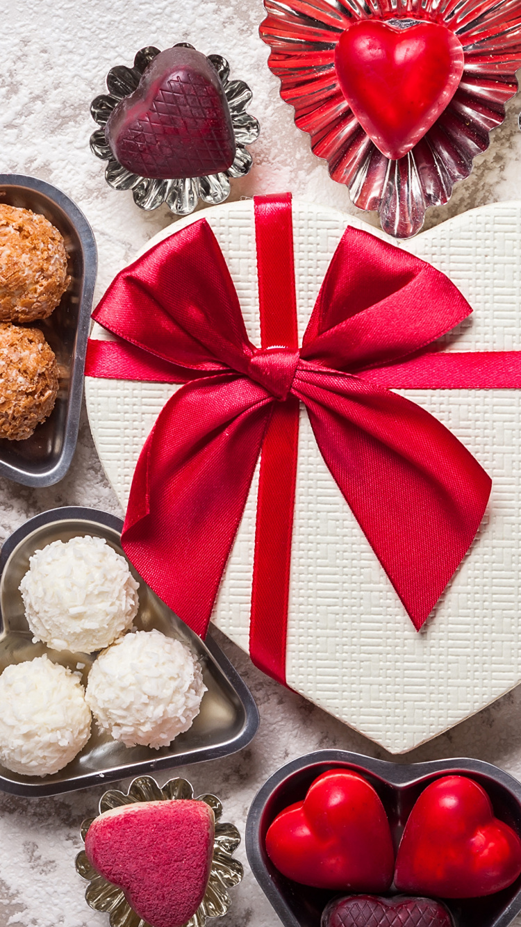 Обои шоколад, День Святого Валентина, конфета, пища, сердце в разрешении 750x1334