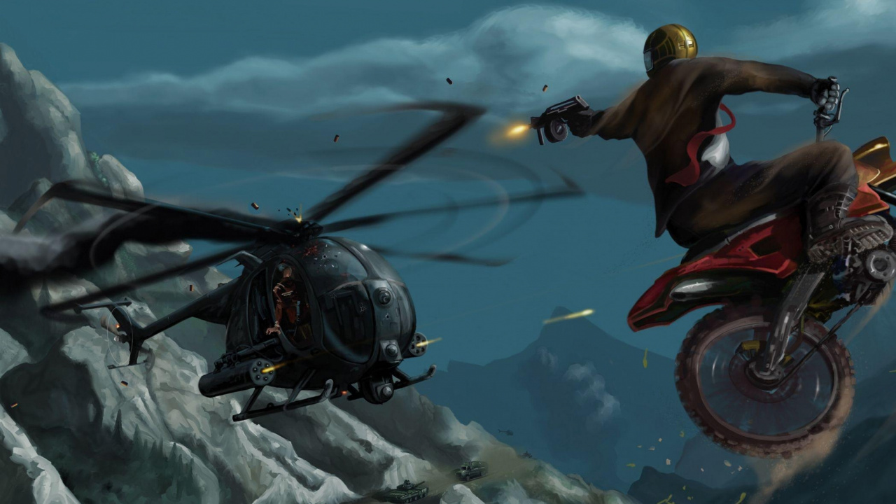 Обои мотоцикл, авиация, небо, авантюрист, несущий винт вертолета в разрешении 1280x720