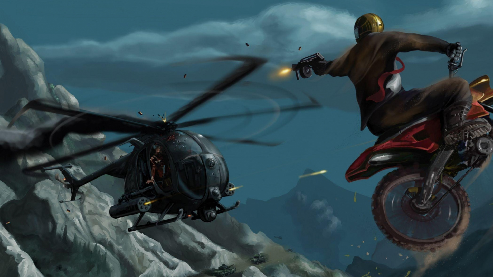 Обои мотоцикл, авиация, небо, авантюрист, несущий винт вертолета в разрешении 1920x1080