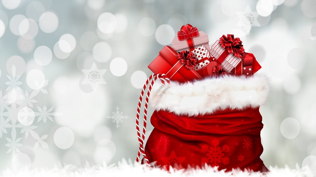 Обои Рождественский день, Санта-Клаус, Рождественский подарок, красный цвет, зима в разрешении 1280x720