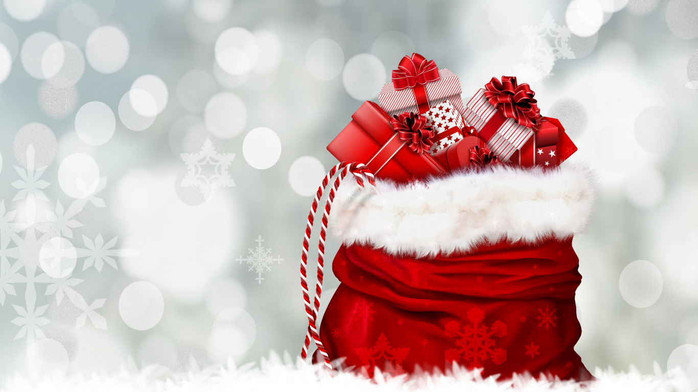 Обои Рождественский день, Санта-Клаус, Рождественский подарок, красный цвет, зима в разрешении 1366x768