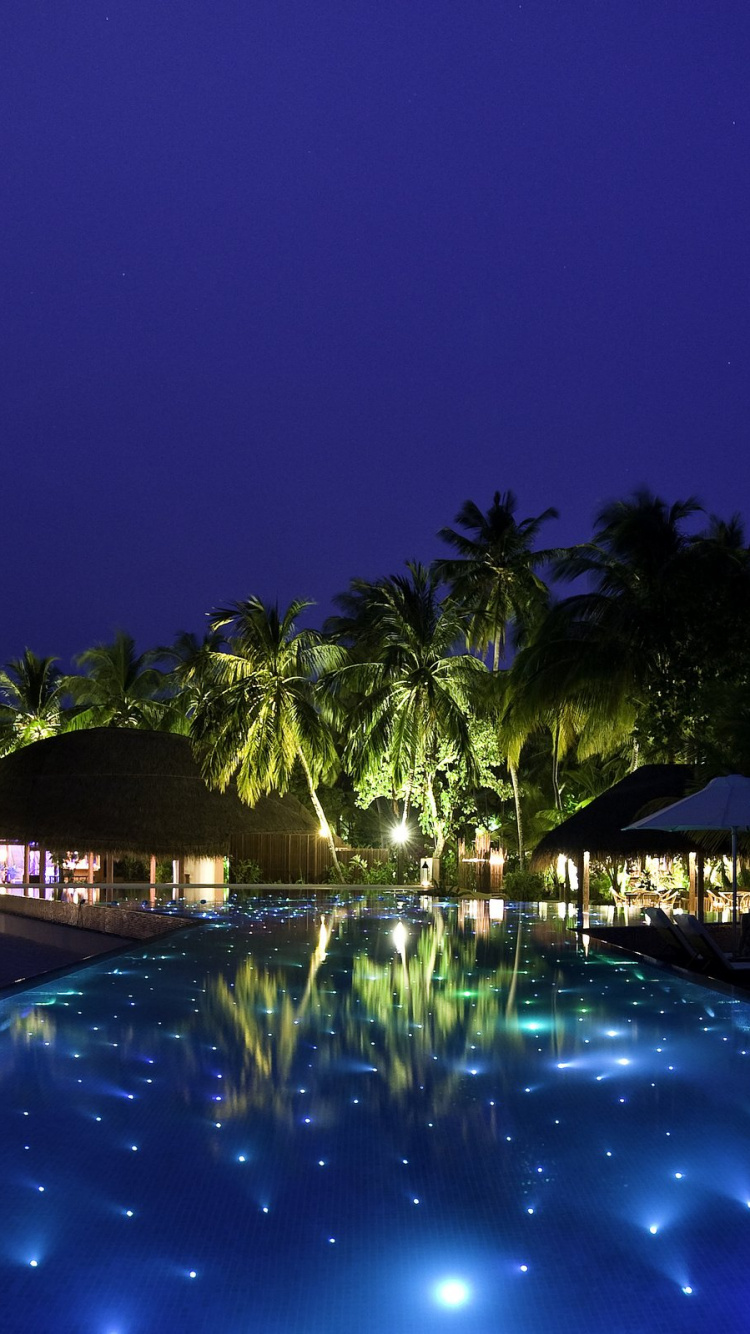 Обои плавательный бассейн, прибежище, освещение, вилла, ночь в разрешении 750x1334