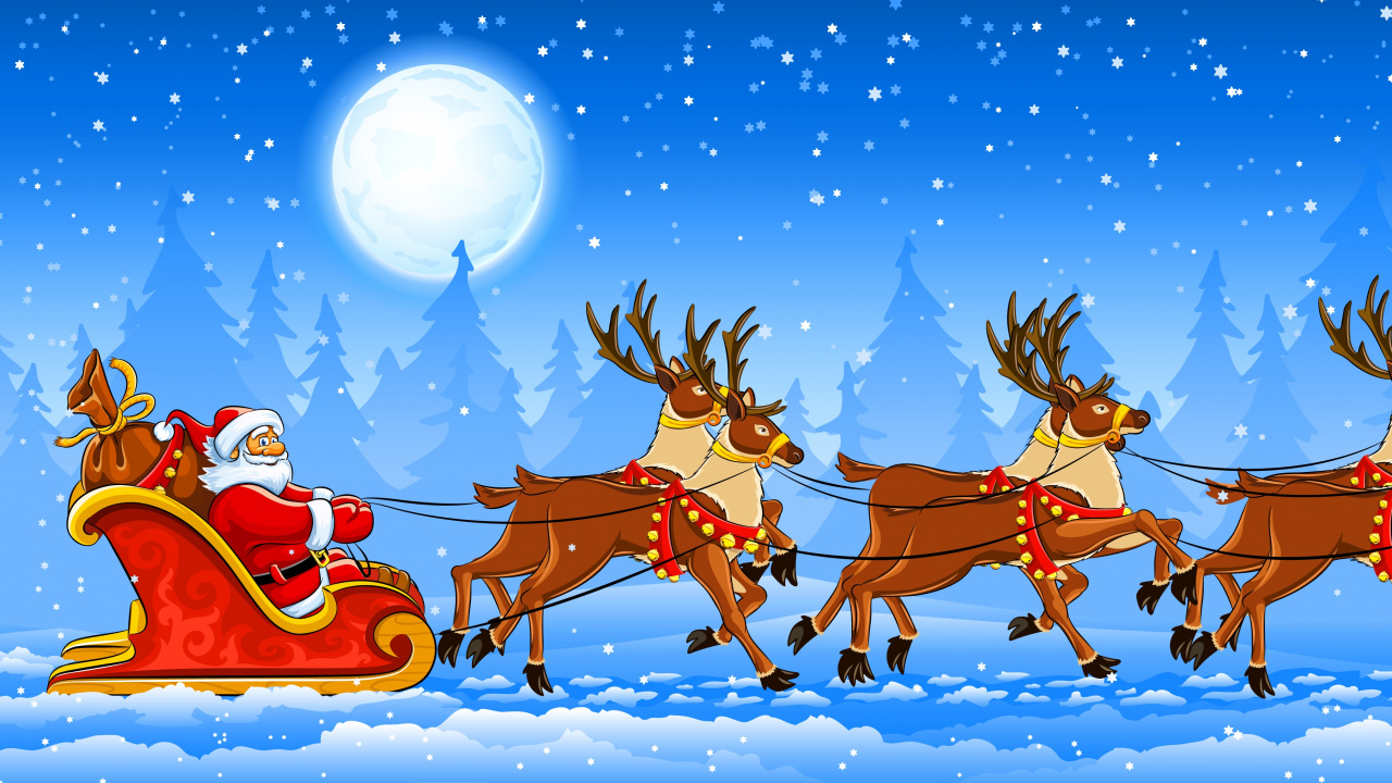 Обои Северный олень, Санта-Клаус, сани, Рождественский день, векторная графика в разрешении 1280x720