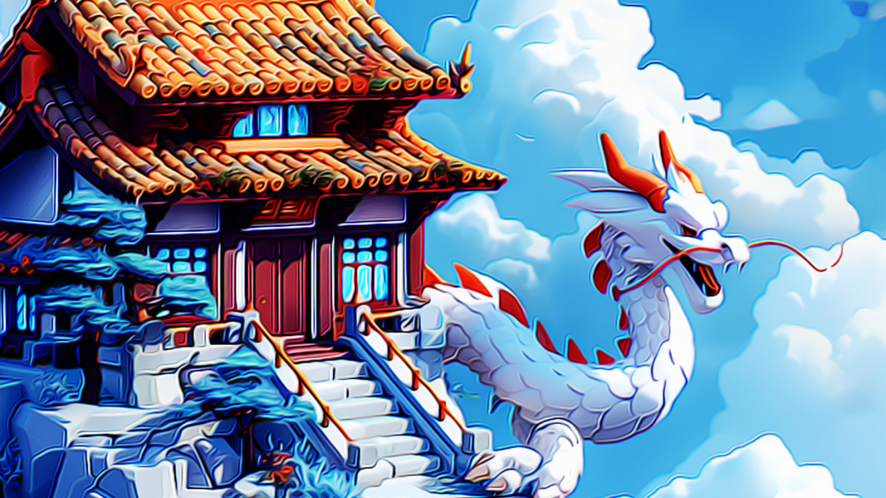 Обои китайская архитектура, китайский дракон, облако, синий, мир в разрешении 1280x720