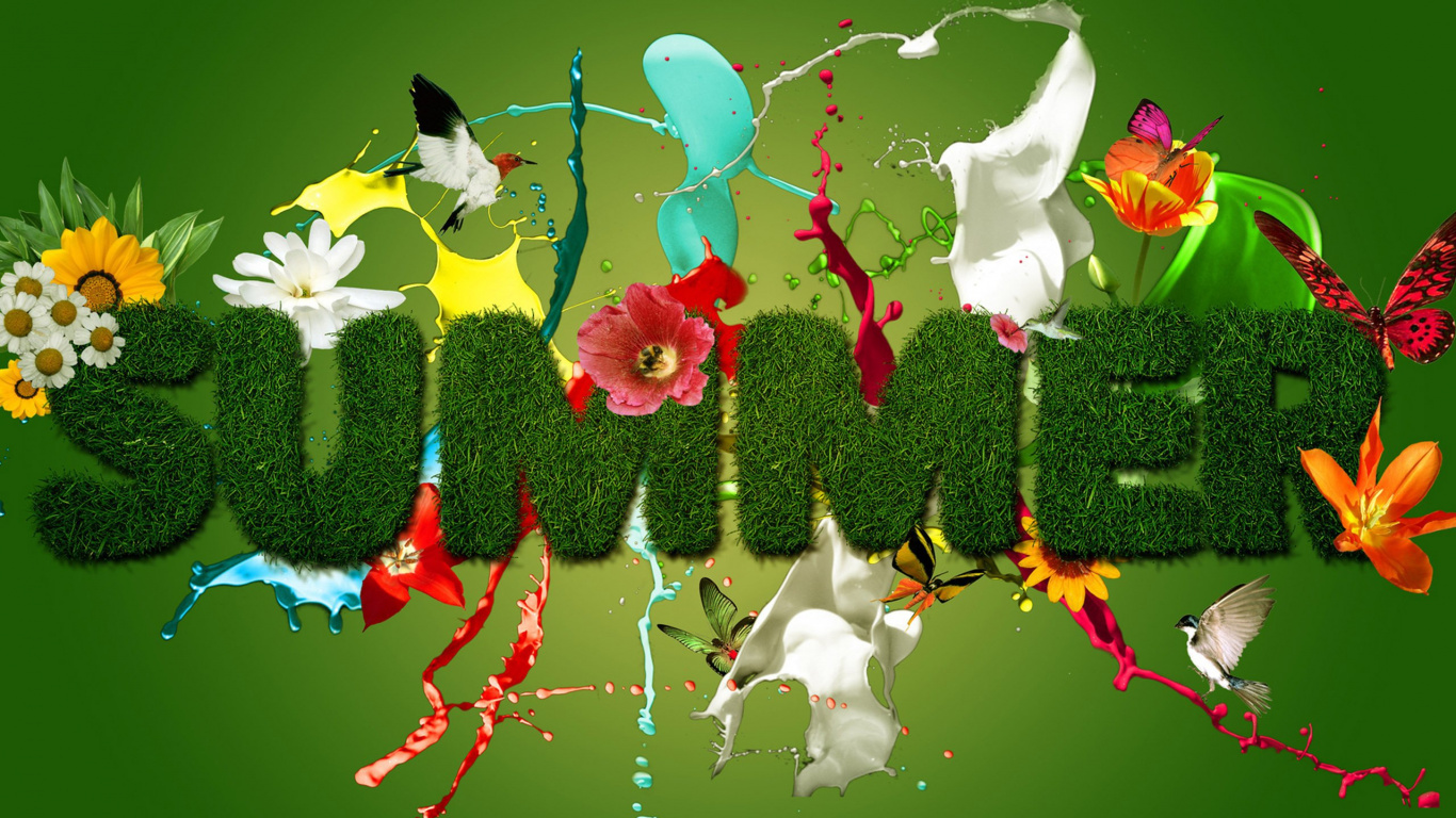 Обои зеленый лето, лето, зеленый, иллюстрация, растение в разрешении 1366x768