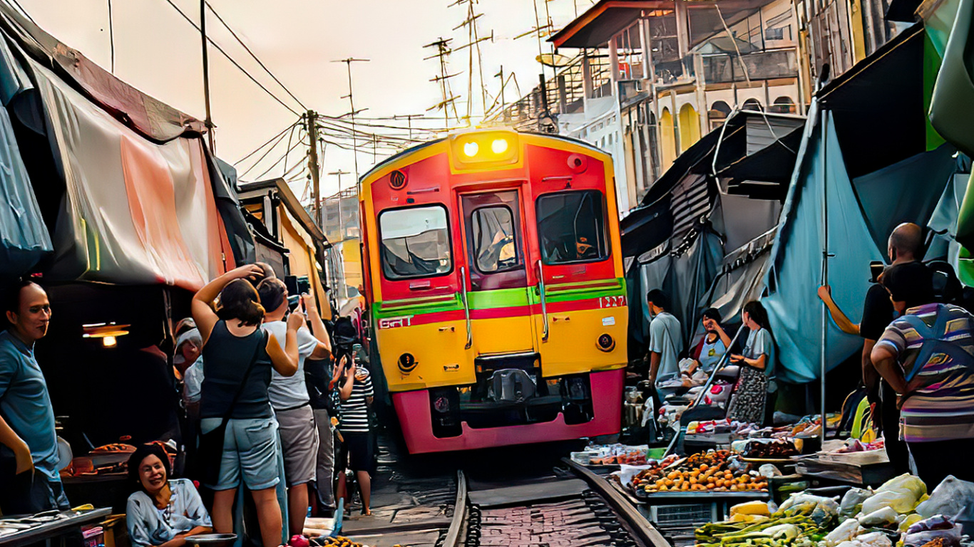 Обои рынок железной дороги Мэклонг, талад ром хаб, поезд, МЭ Клонг, Бангкок в разрешении 1366x768