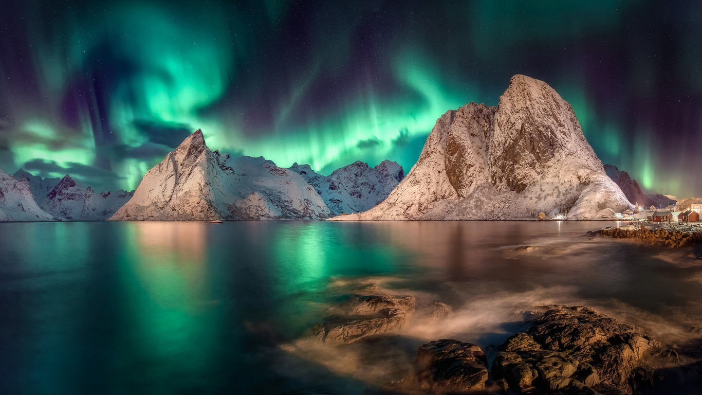 Обои Аврора, свет, природа, природный ландшафт, отражение в разрешении 1366x768