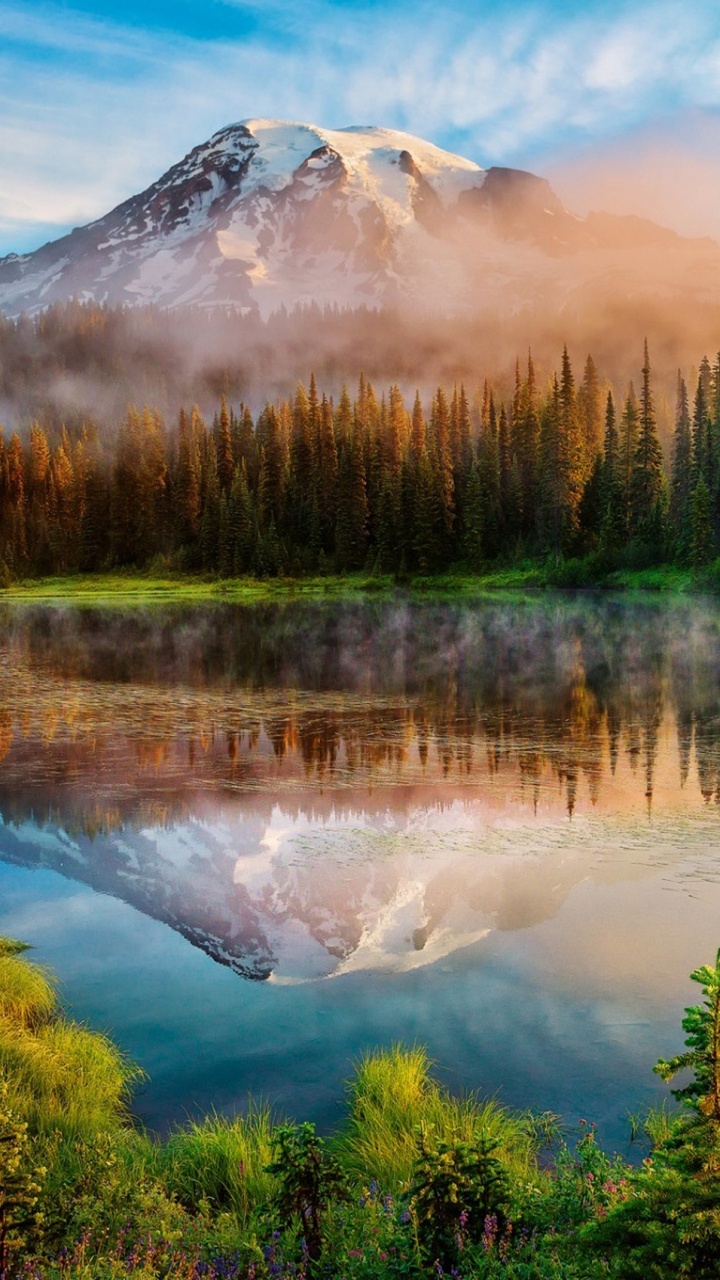 Обои Маунт рейнир, природа, природный ландшафт, отражение, дикая местность в разрешении 720x1280