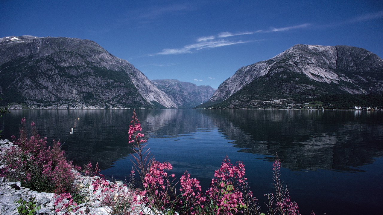 Обои Эйдфьорд, фьорд, гора, природа, дикая местность в разрешении 1280x720