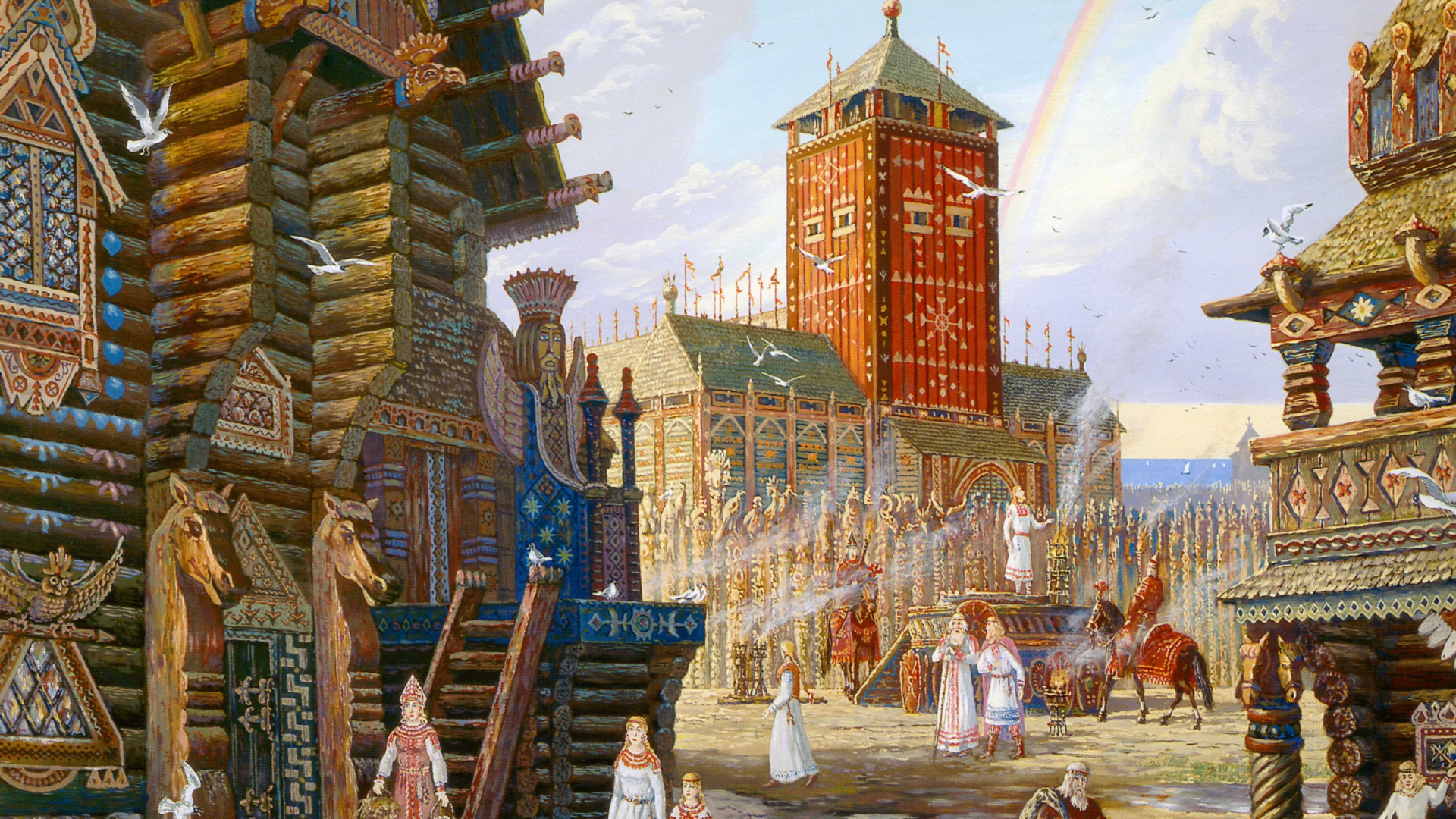 Обои живопись, храм, здание, место поклонения, пагода в разрешении 1920x1080