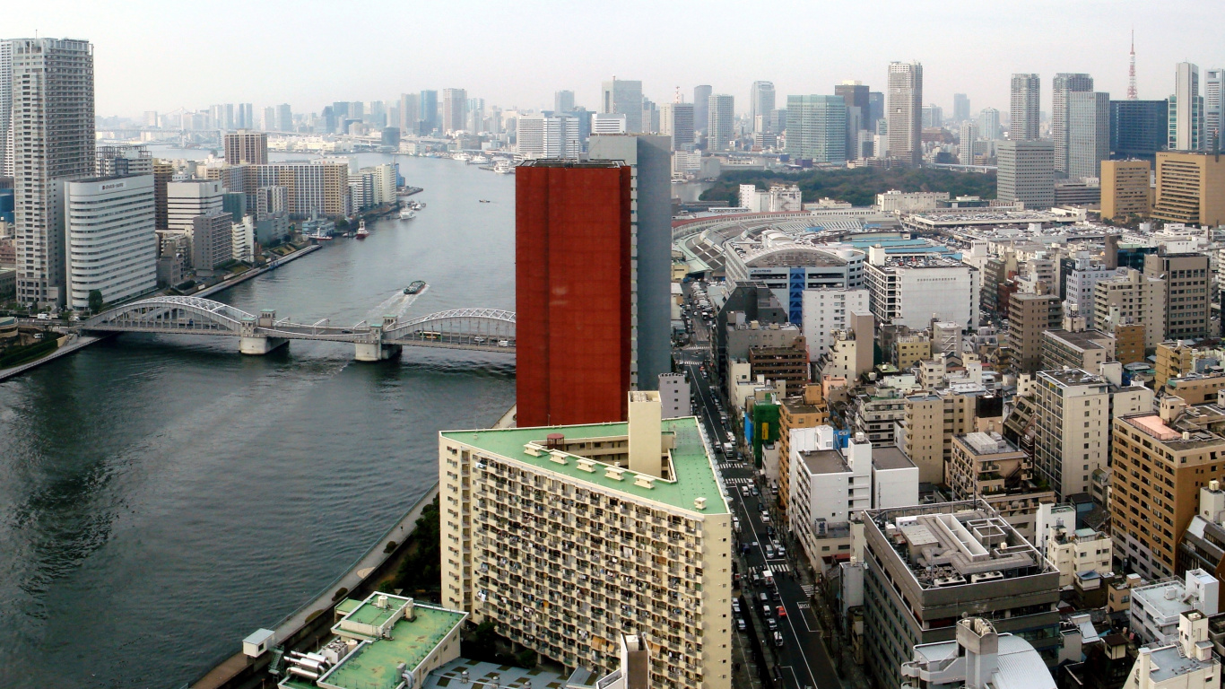 Обои Санкт-Лукес башня, токийская башня, Река Сумида, город, городской пейзаж в разрешении 1366x768