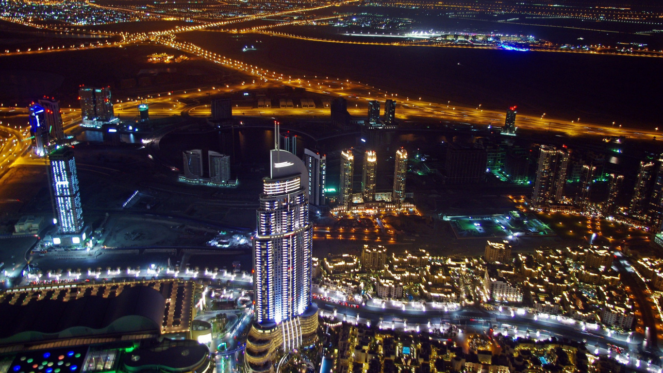 Обои Бурдж Халифа, городской пейзаж, город, городской район, ночь в разрешении 1366x768