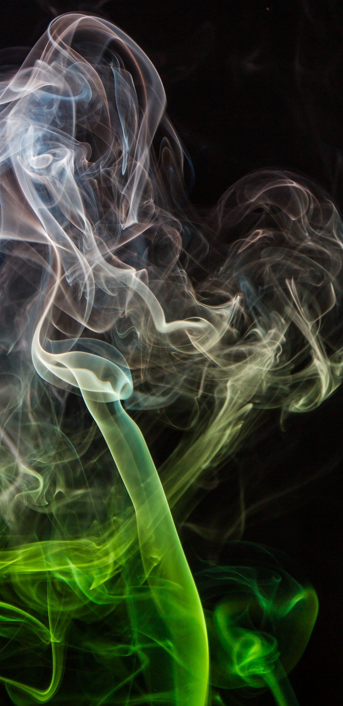 Обои фрактальное искусство, дым, зеленый, синий цвет, белые в разрешении 1440x2960