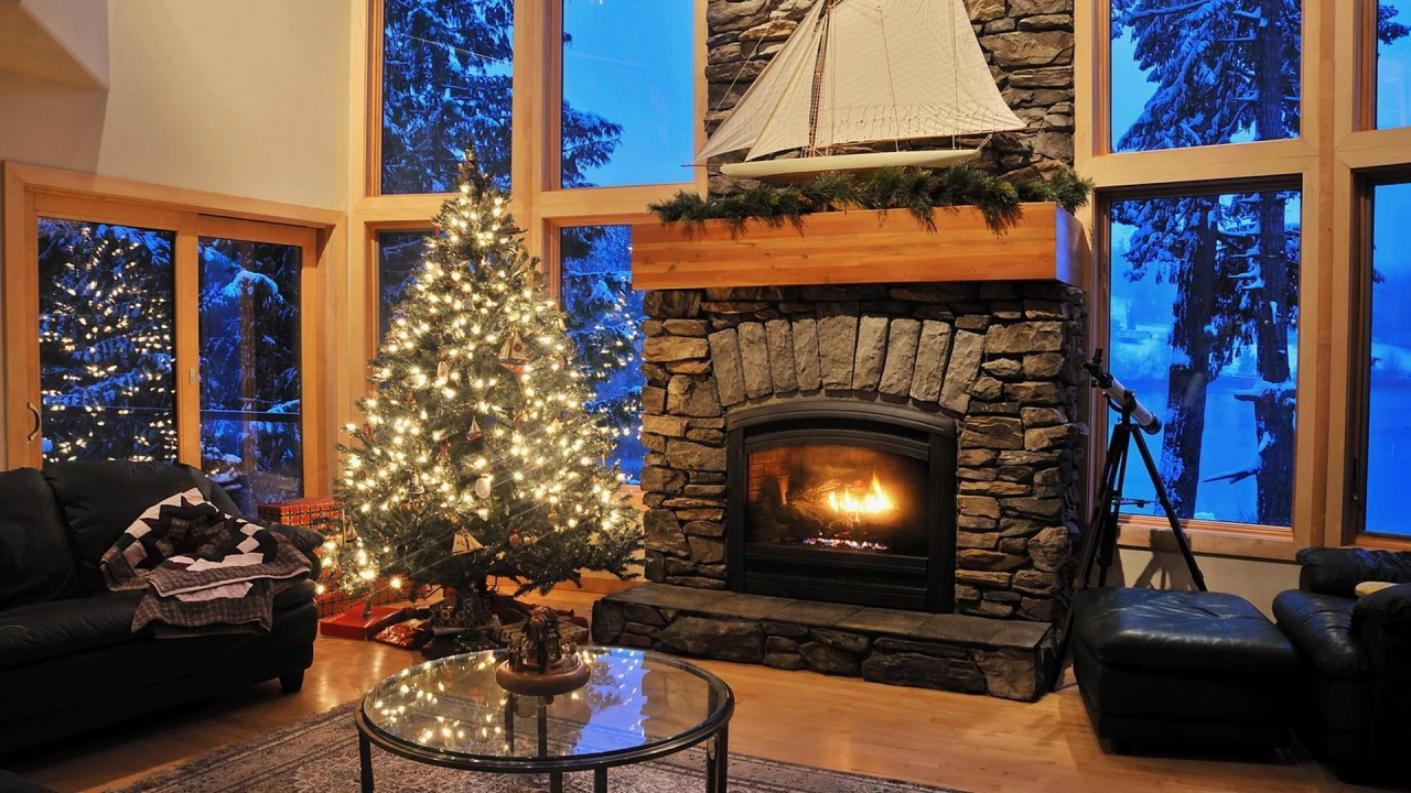 Обои камин, очаг, гостиная комната, елка, родина в разрешении 1280x720