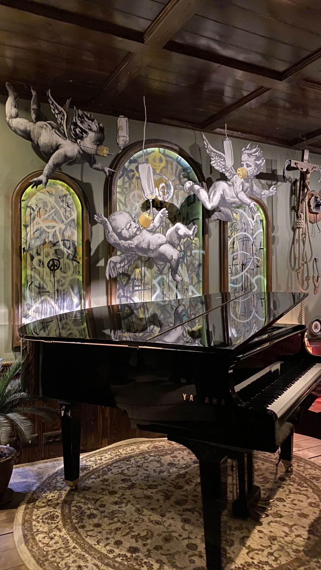 Обои дизайн интерьера, небьющиеся, цветочный горшок, музыкальный инструмент, потолок в разрешении 1080x1920