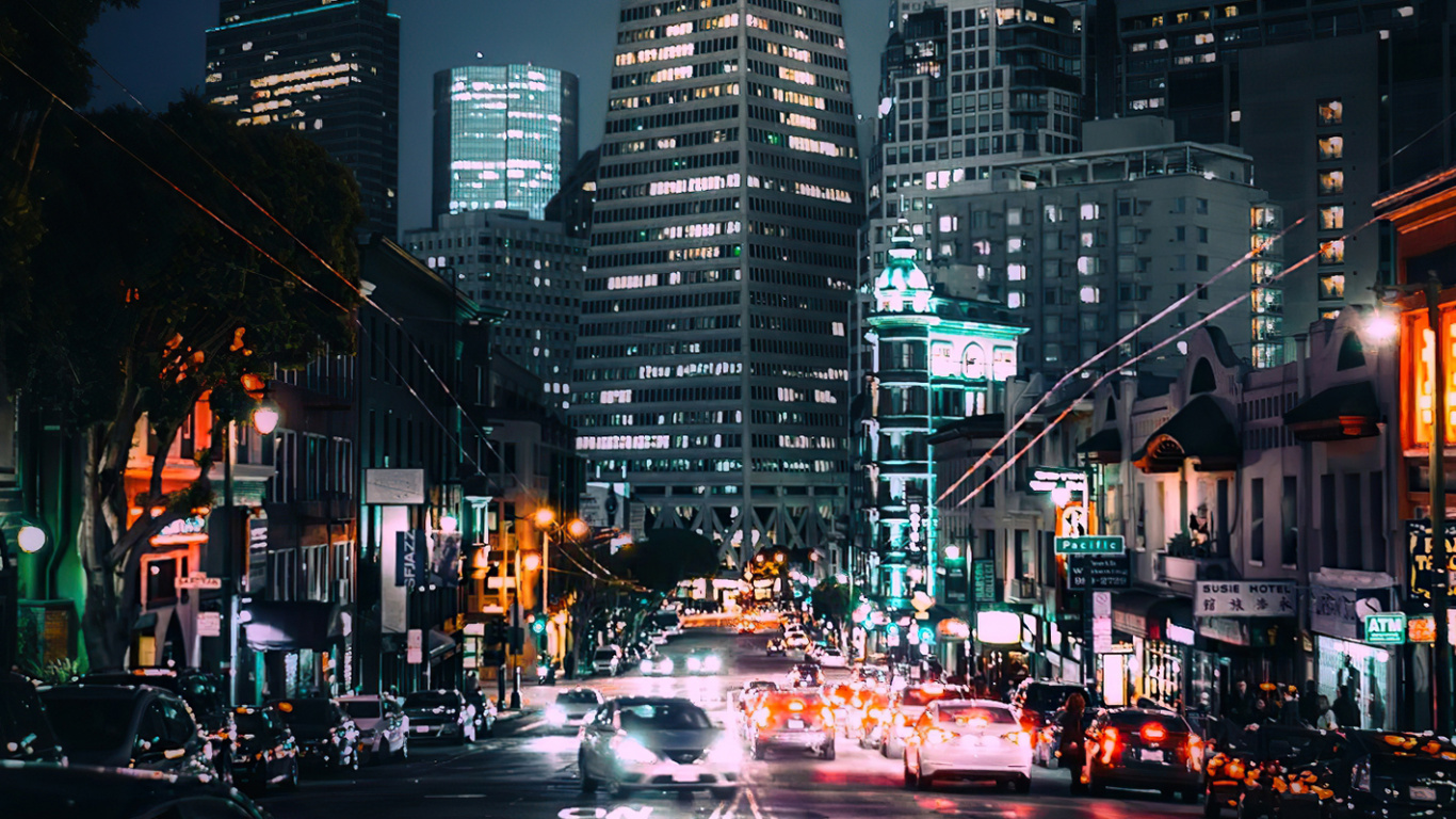 Обои город с низким углом, здание, легковые автомобили, небоскреб, колесо в разрешении 1366x768