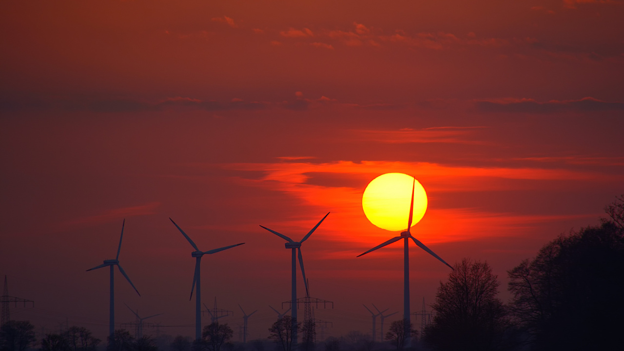 Обои небо, восход солнца, ветровая турбина, энергия, ветряная мельница в разрешении 1280x720