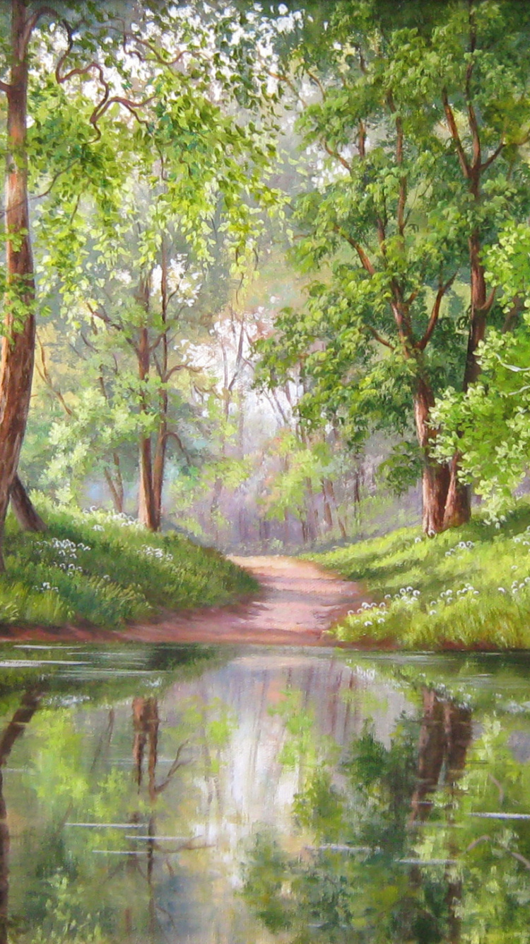 Обои лес, живопись, пейзажная живопись, арт, природа в разрешении 750x1334